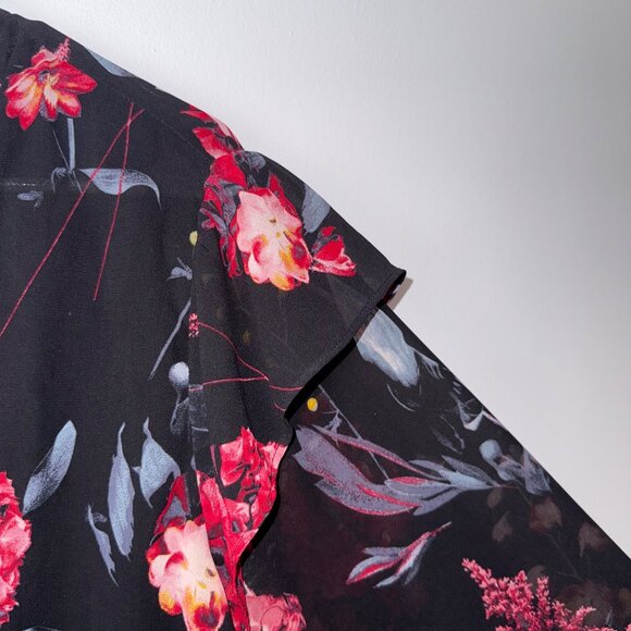 Floral V-Neck Chiffon Blouse A New Day L Black Red Pink Floral Print Long Sleeve - Picture 8 of 9